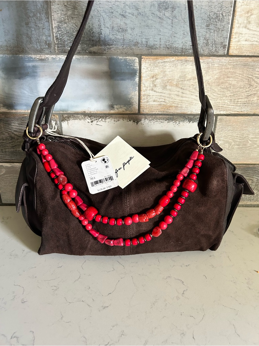 NWT Free People Suede Boxy Shoulder Bag in Espresso With Included Charm